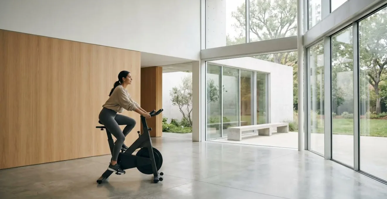 Individual performing gentle recovery movement in serene minimalist environment