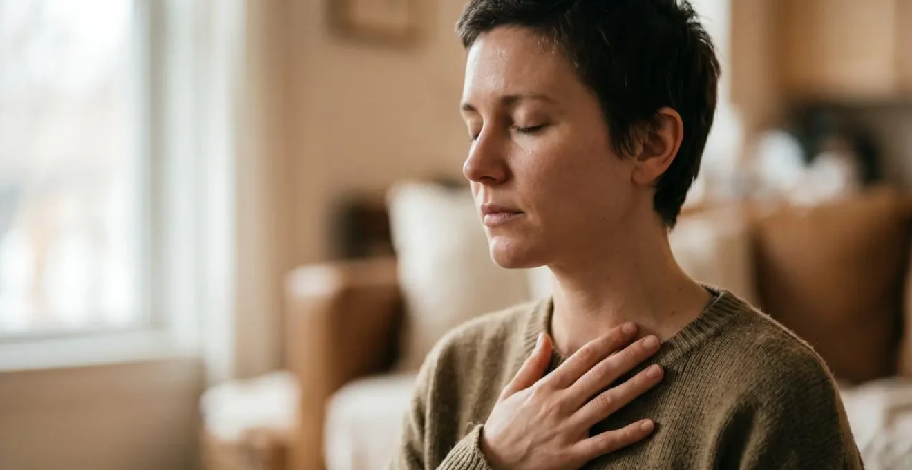 Close-up portrayal of focused breathing technique demonstrating physiological stress management