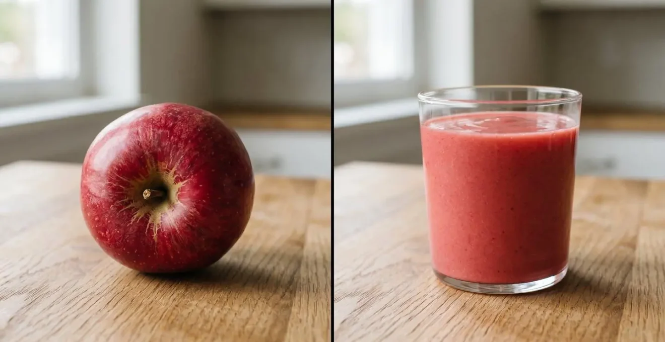 Split composition comparing whole fruit with its natural fiber structure intact versus a blended smoothie, illustrating the difference in fiber preservation and digestion speed
