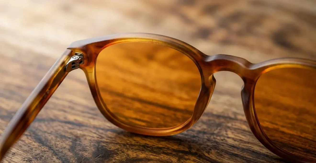 Close-up of amber-tinted protective eyewear on wooden surface with warm evening lamp lighting