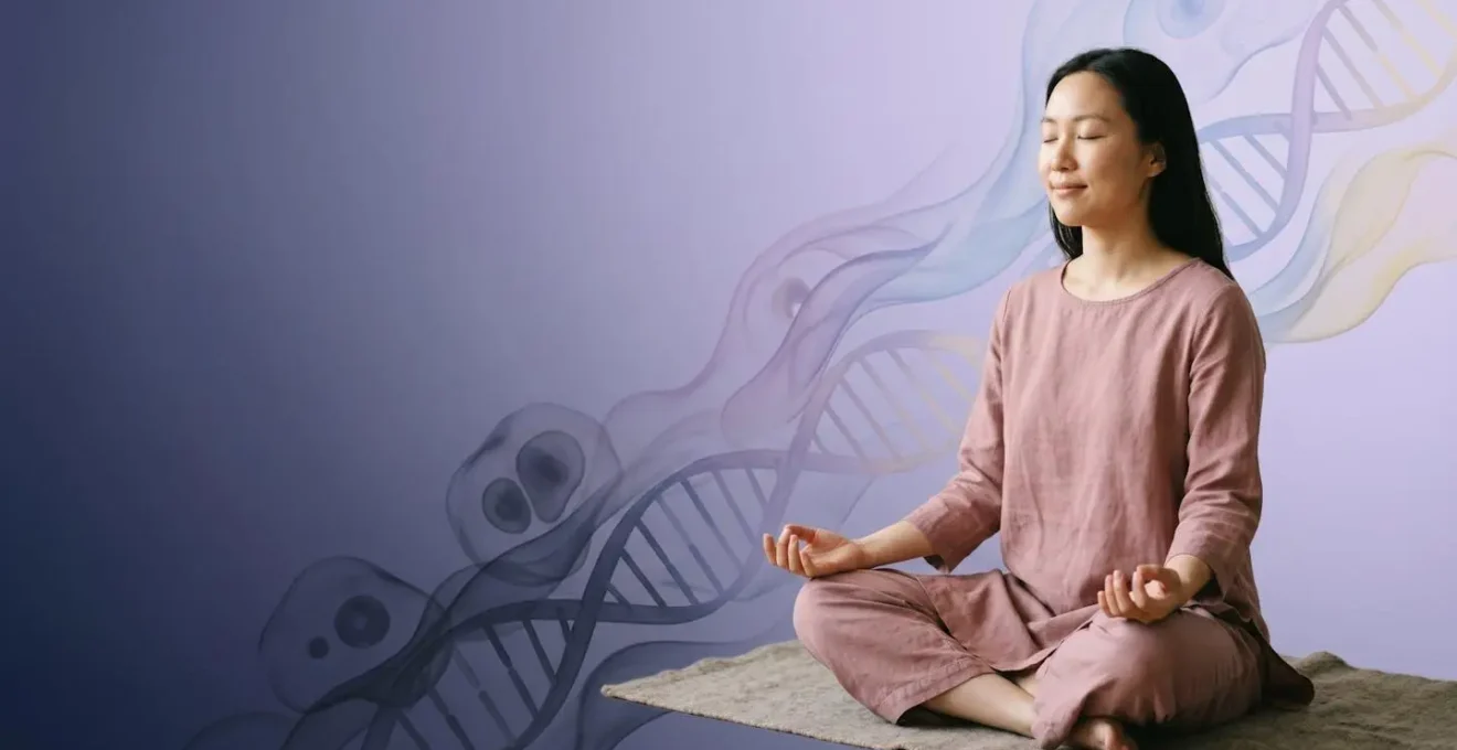 Human figure in meditative state surrounded by abstract cellular renewal imagery