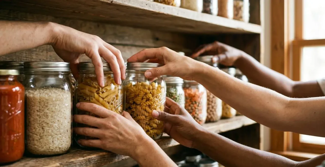Hands arranging affordable glass storage jars filled with dry goods on wooden pantry shelves