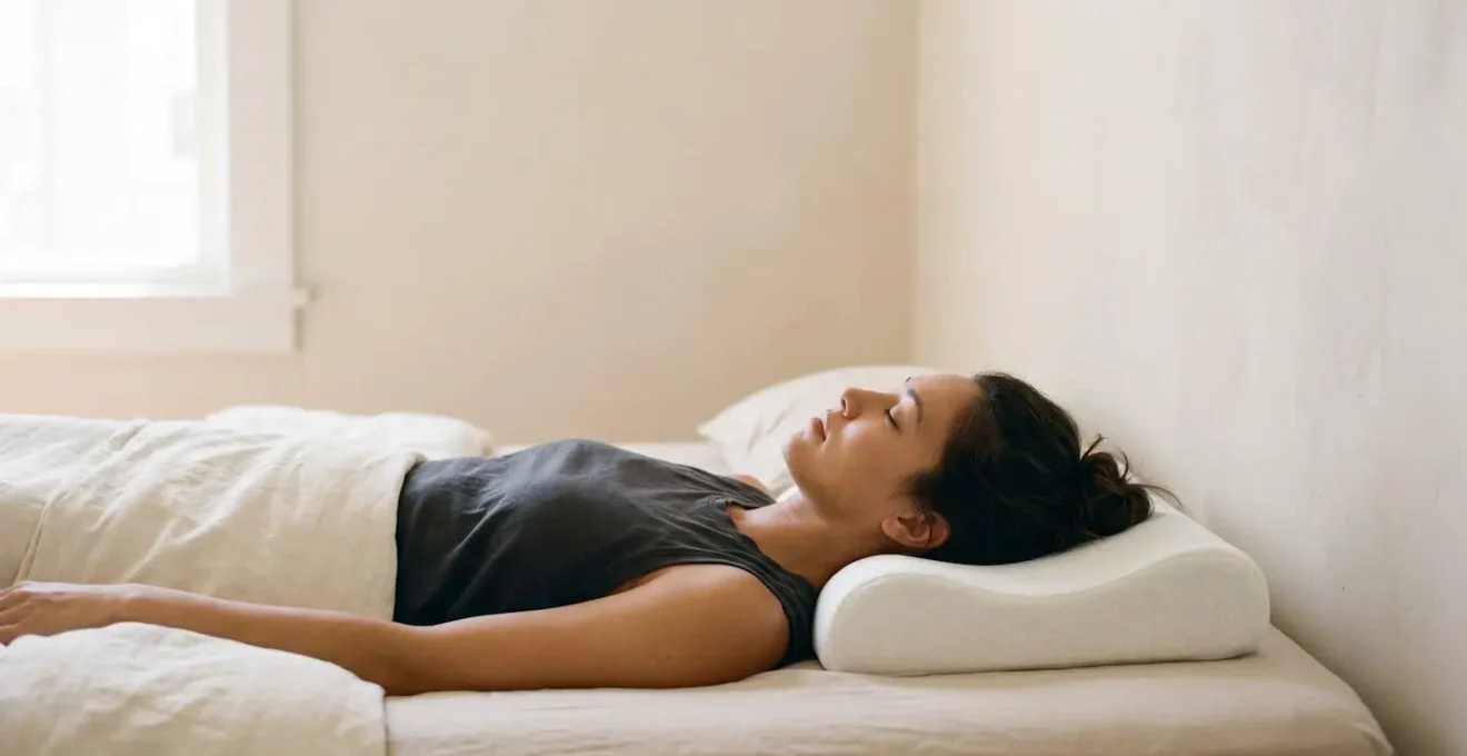 Editorial lifestyle photograph showing proper cervical spine alignment during side sleeping with supportive pillow
