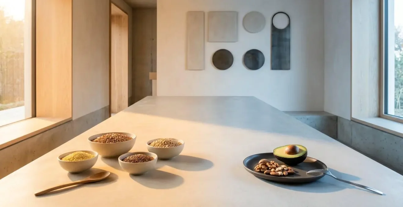 Environmental minimalist photograph showing a clean eating space with natural light transitioning from morning to evening, suggesting optimal nutrient timing