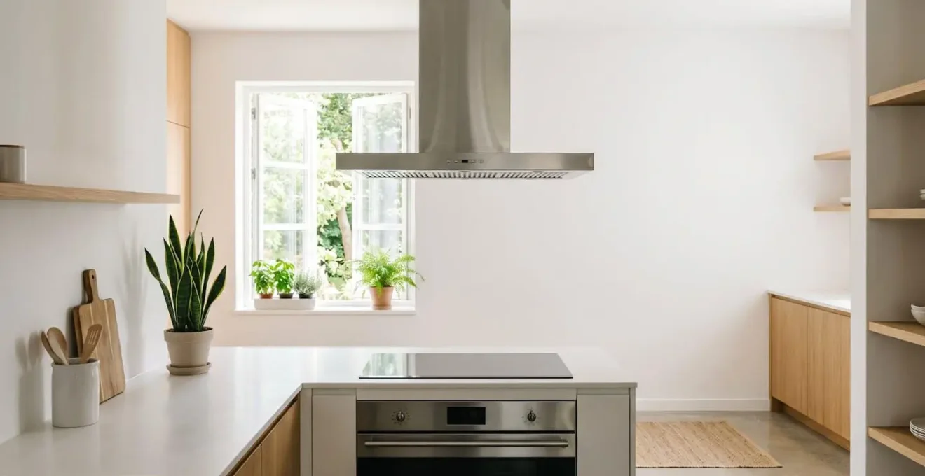 Wide kitchen interior with modern range hood above gas stove and open window allowing natural ventilation