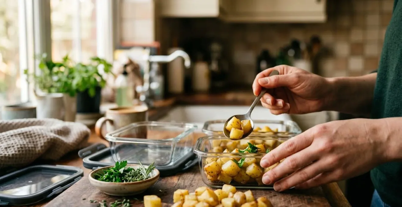 Human-centered photograph showing hands preparing cooled potatoes for meal prep with emotional warmth