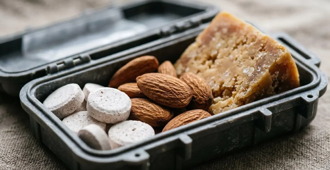 Close-up of emergency hypoglycemia kit components showing glucose tablets, nuts, and a cheese stick arranged strategically