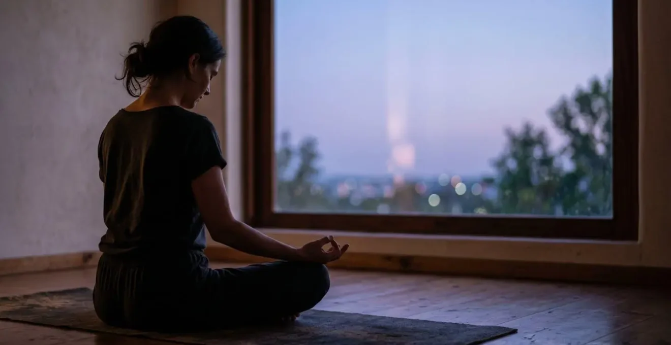 Silhouette of a person in a relaxed posture by a window during the blue hour of twilight.