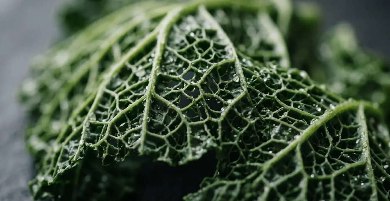 Close-up macro photograph of fresh vegetable fibers creating a natural mesh-like structure, symbolizing how dietary fiber slows carbohydrate absorption