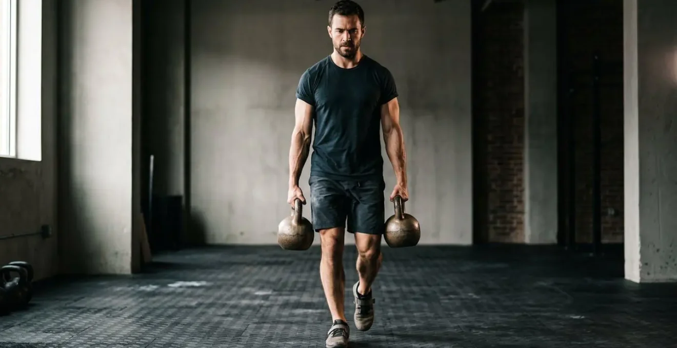 Symbolic representation of loaded carry exercise emphasizing grip and core engagement