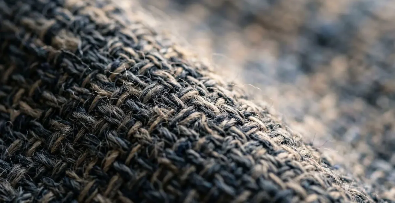 Close-up macro view of fabric texture on furniture with shallow depth of field capturing material details and surface characteristics