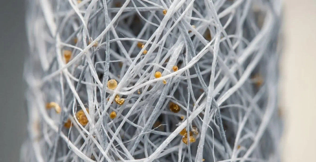Extreme close-up macro photograph showing the intricate fibrous structure of a HEPA filter capturing microscopic particles