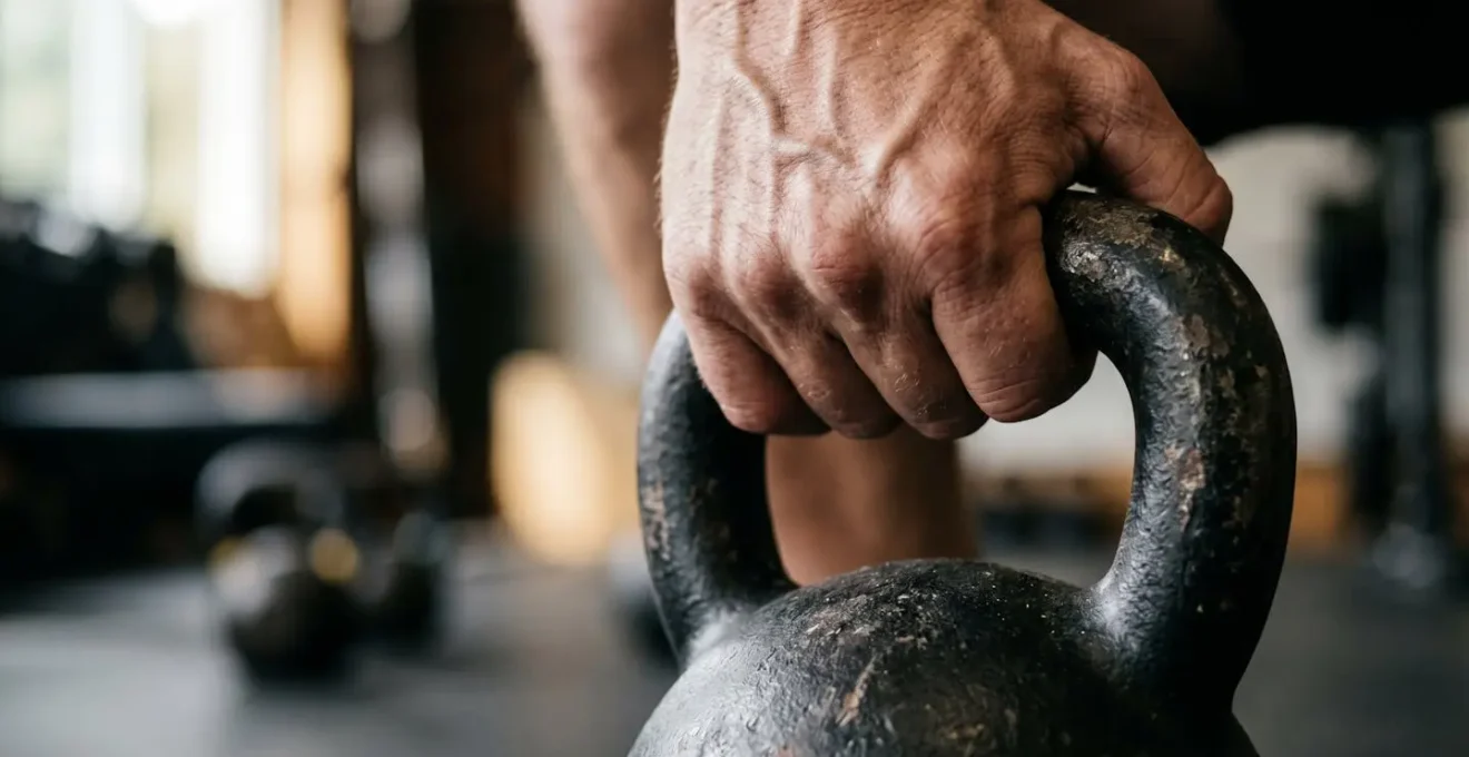 Close-up view of hands gripping kettlebell during mobility-strength hybrid movement