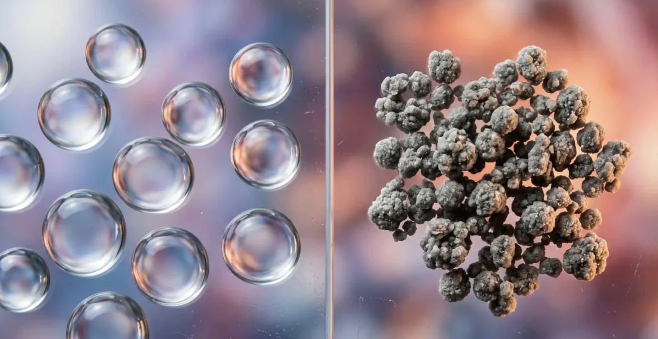 Extreme macro photograph comparing smooth large spherical structures versus small clustered dense particles representing LDL particle size difference.
