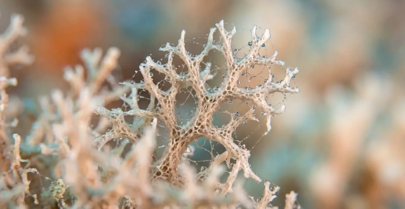 Macro close-up of an organic, coral-like texture suggesting the expansion of lung alveoli.
