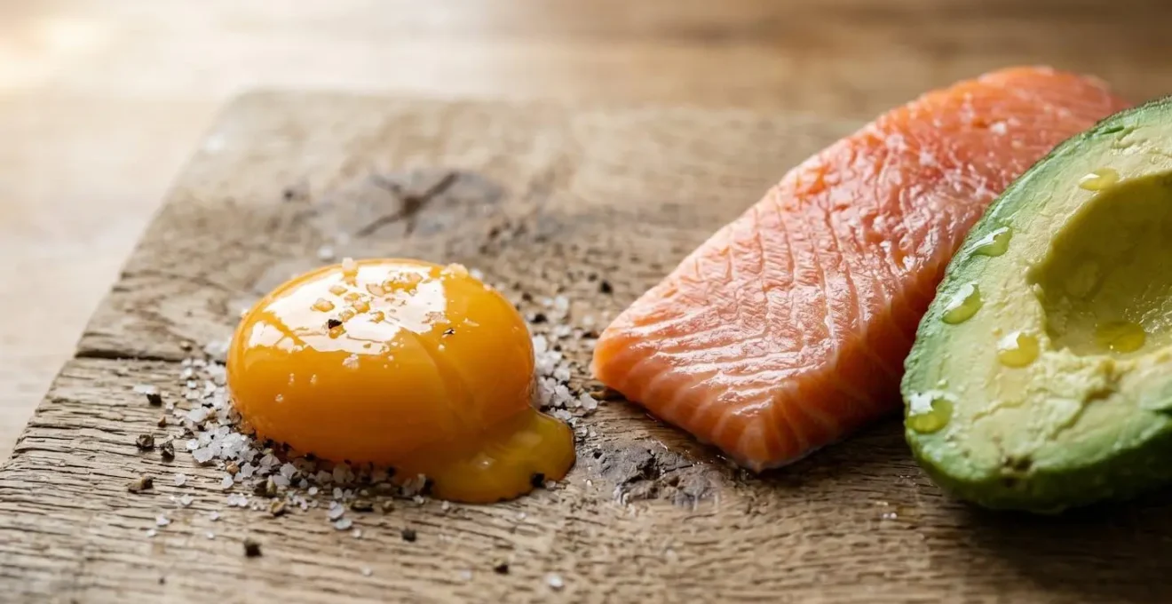 Extreme close-up of eggs, salmon, and avocado showing rich textures and colors on rustic wooden surface