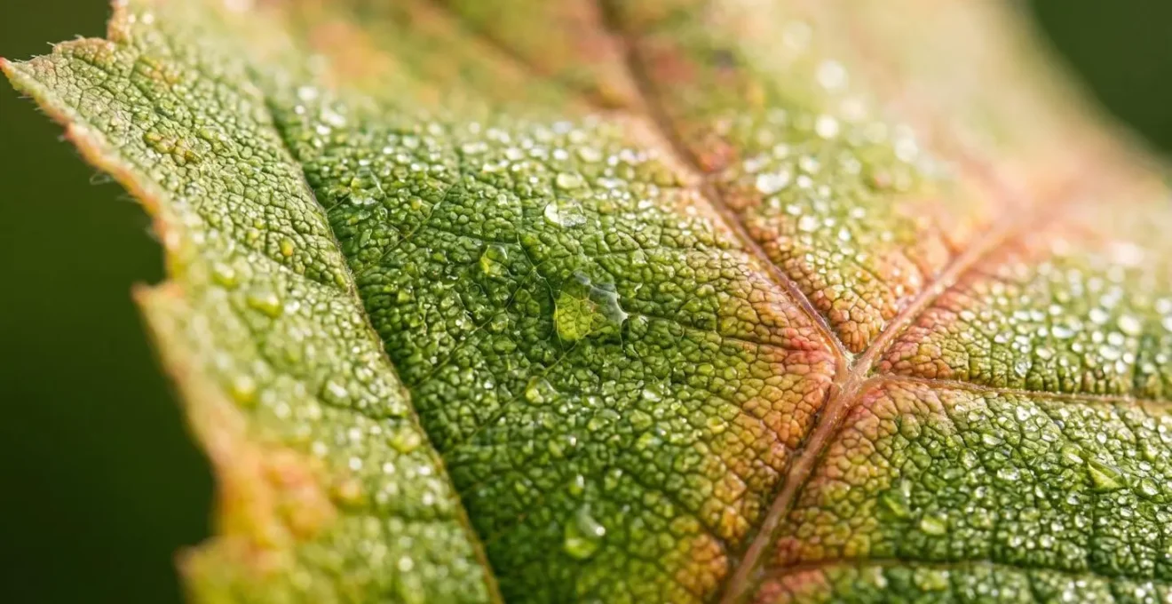 Close-up macro photography showing a green leaf with visible cellular structure and water droplets, symbolizing biological adaptation and resilience.