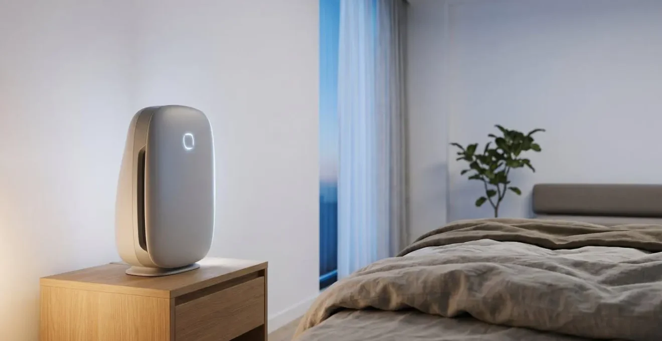 Serene minimalist bedroom at twilight showing optimal air purifier placement for sleep protection with gentle ambient lighting