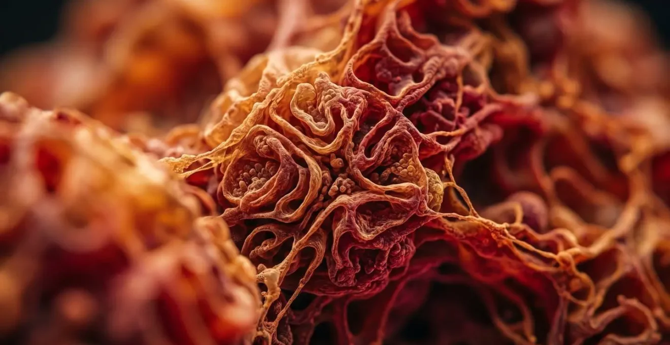 Extreme close-up microscopic view of cellular energy powerhouses within neural tissue