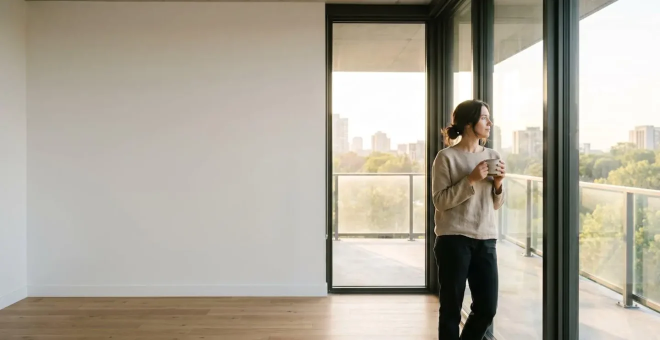 Person silhouetted against large window with morning sunlight streaming through, holding cup in peaceful minimalist space