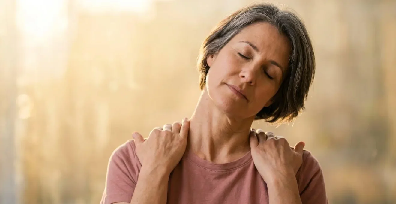 Editorial photograph capturing gentle morning neck movement and stretching routine in natural light