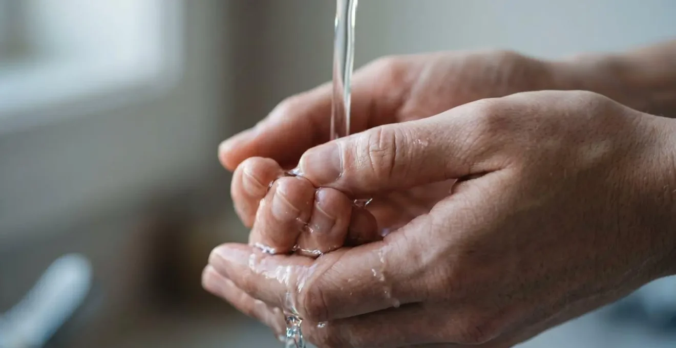 A close-up of hands under a gentle flow of water, with soft natural light creating a calming, sensory atmosphere.