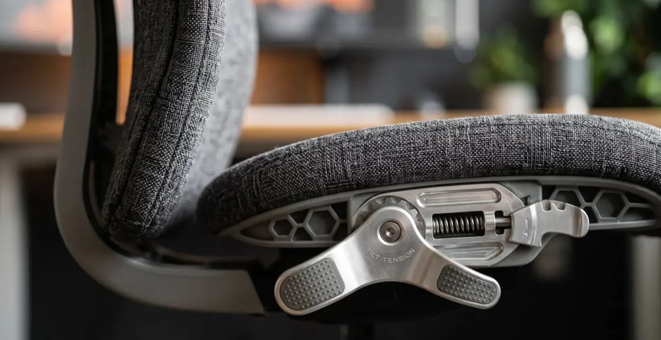 Detailed view of ergonomic chair adjustment demonstrating proper lumbar support and pelvic positioning