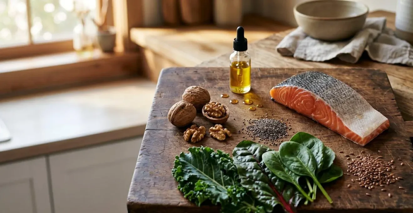 Wide environmental shot of fresh wild salmon, walnuts, and leafy greens arranged naturally on wooden surface with soft natural lighting