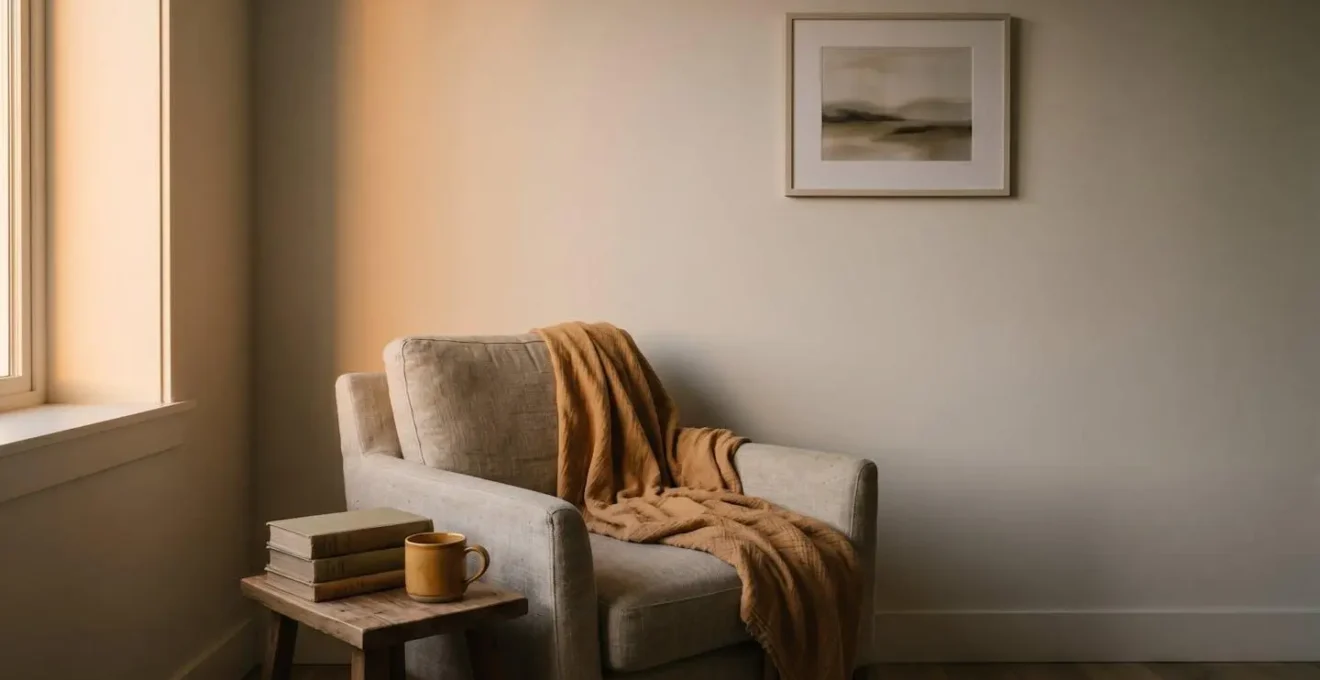 Serene environmental scene depicting deep relaxation state through minimalist composition with warm natural lighting
