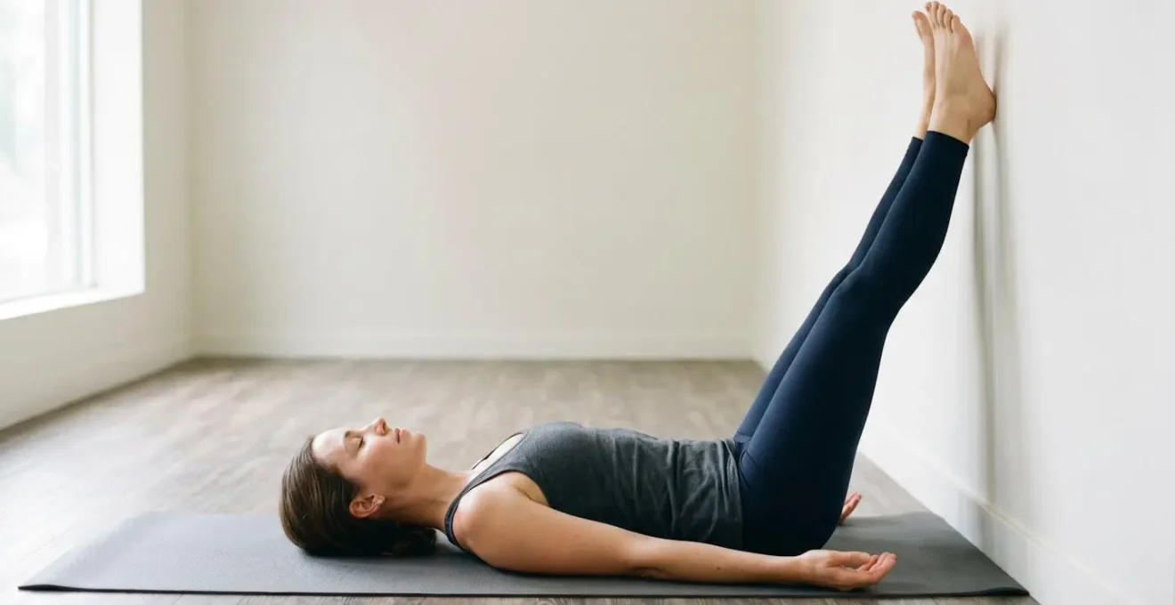 Person in legs-elevated recovery position after exercise practicing controlled breathing for nervous system reset