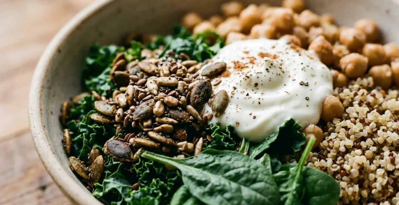 Macro close-up photograph of a nutritionally-balanced power bowl showing distinct layers of varied protein sources and fiber-rich ingredients