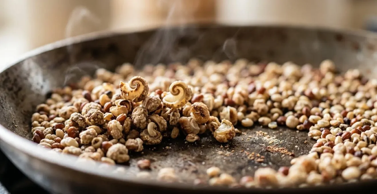Macro photography of quinoa grains being prepared showing texture and natural cooking process