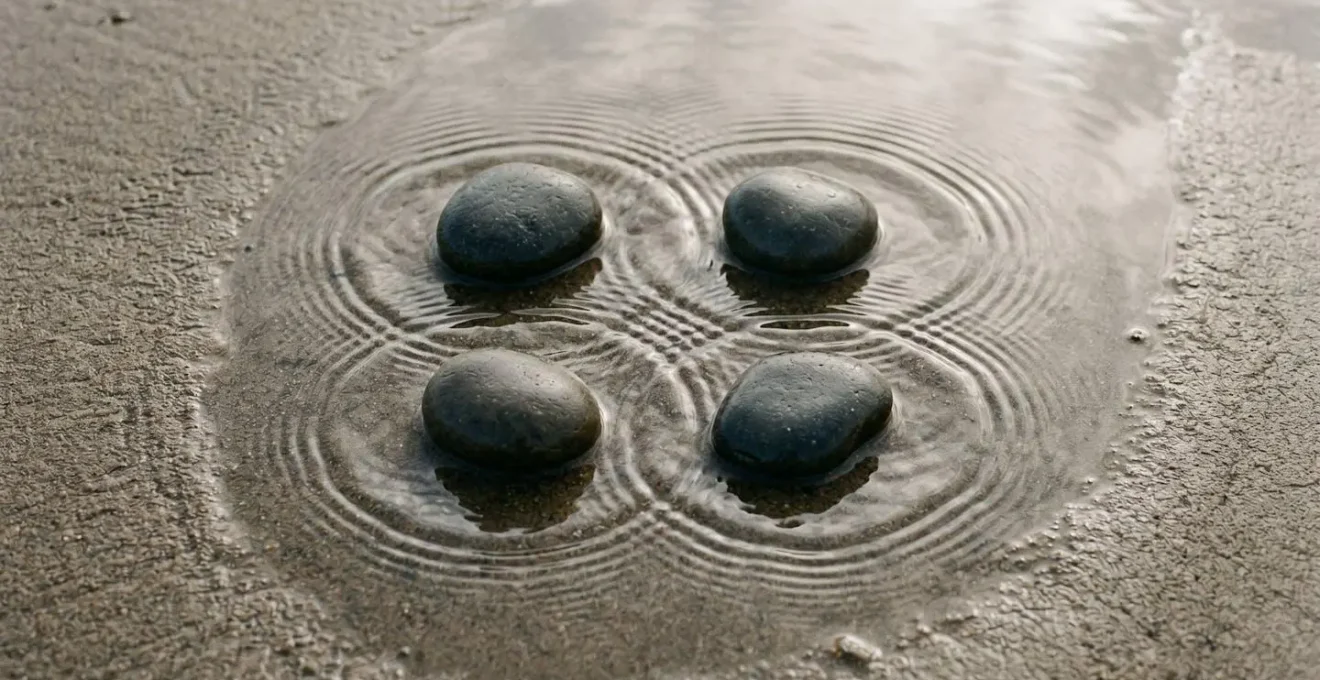 Abstract representation of rhythmic breathing cycles with four synchronized ripples in water.