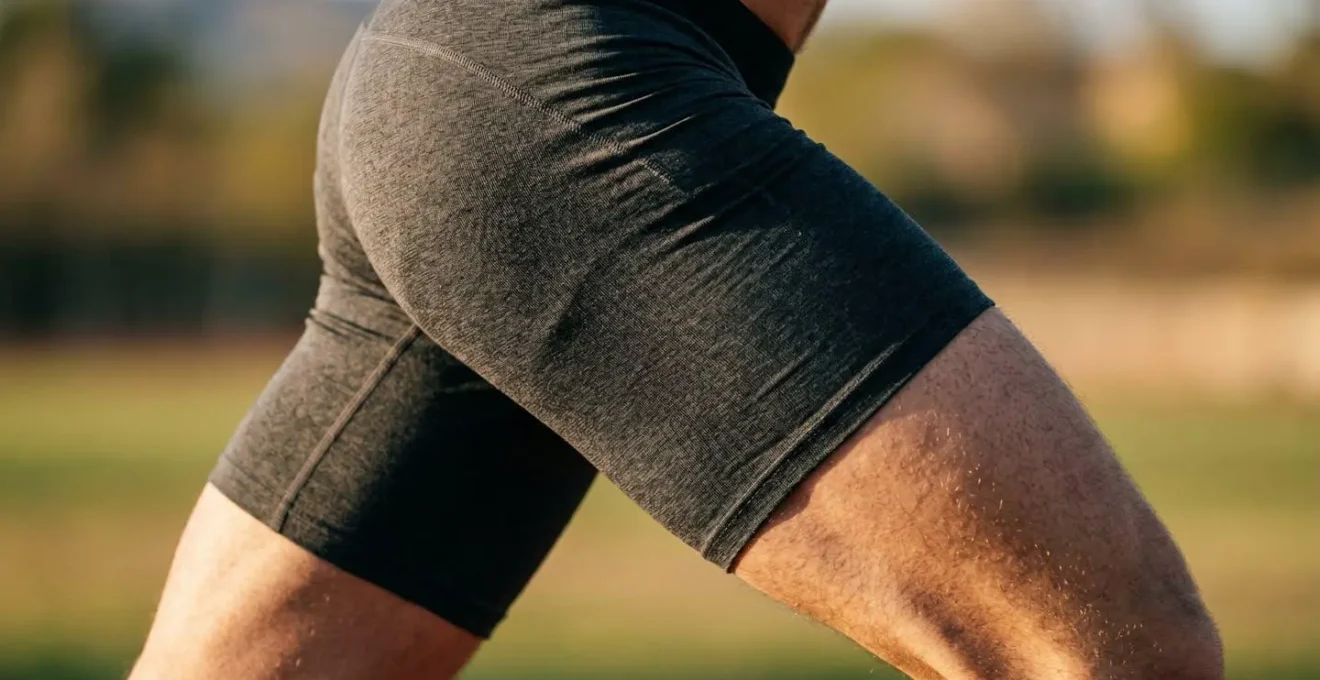 Close-up detail of running biomechanics showing hip and gluteal region during stride