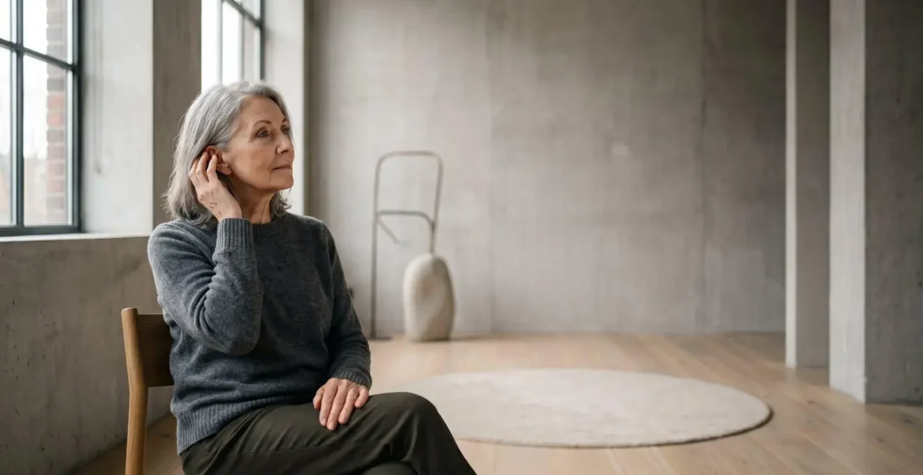Environmental portrait of an older adult in a contemplative listening pose, representing auditory engagement and brain health.