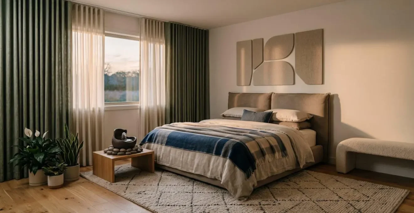 Peaceful bedroom scene with soft ambient lighting and minimal distractions creating a calm sanctuary for restorative sleep