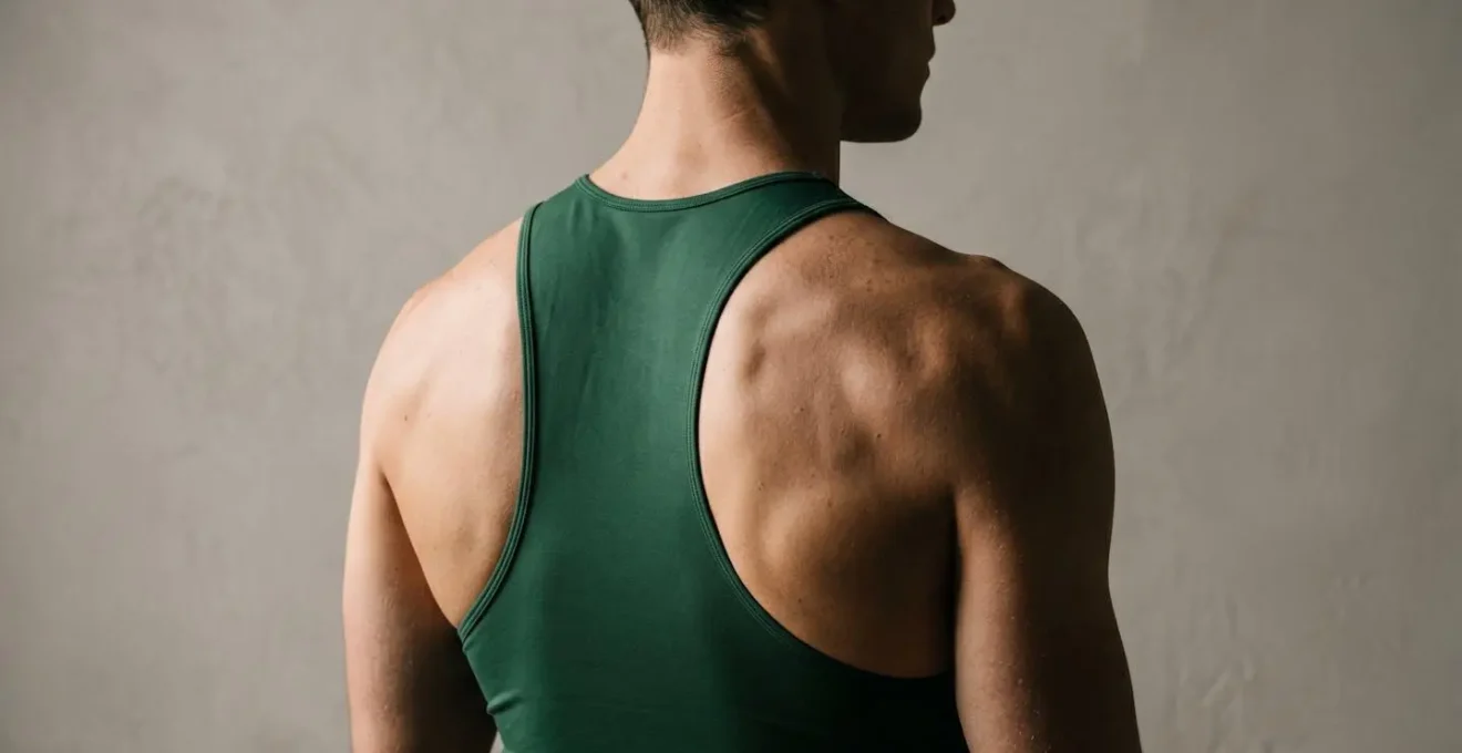 Symbolic representation of shoulder blade mobility contrast through abstract positioning and natural body lines