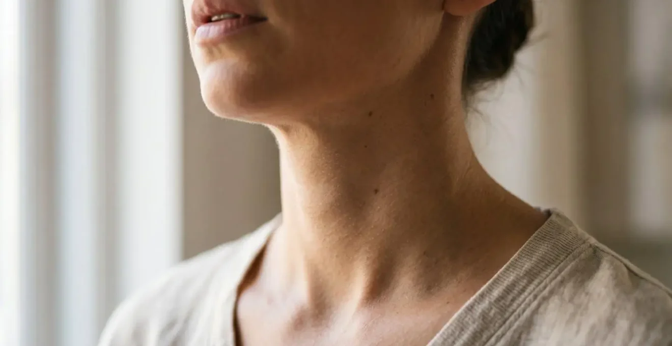 Close-up of person's throat and chest area during humming practice with focus on internal vibration sensation