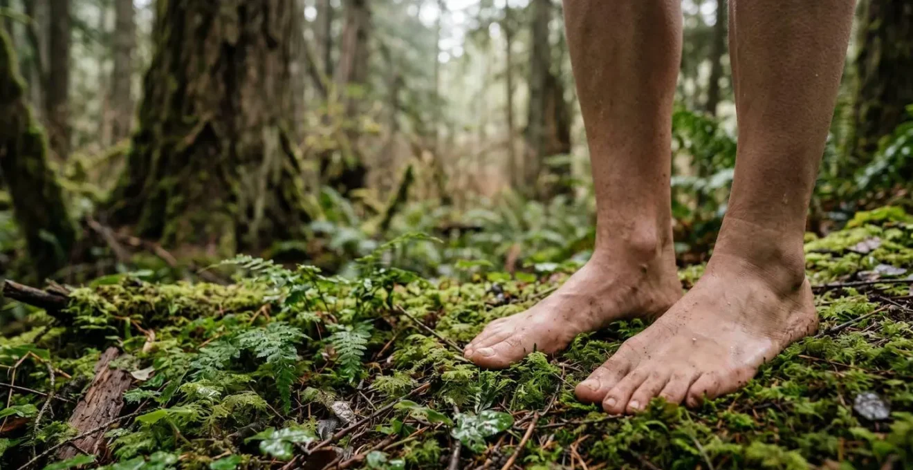 Wide environmental shot of person's bare feet on damp moss-covered ground in forest clearing