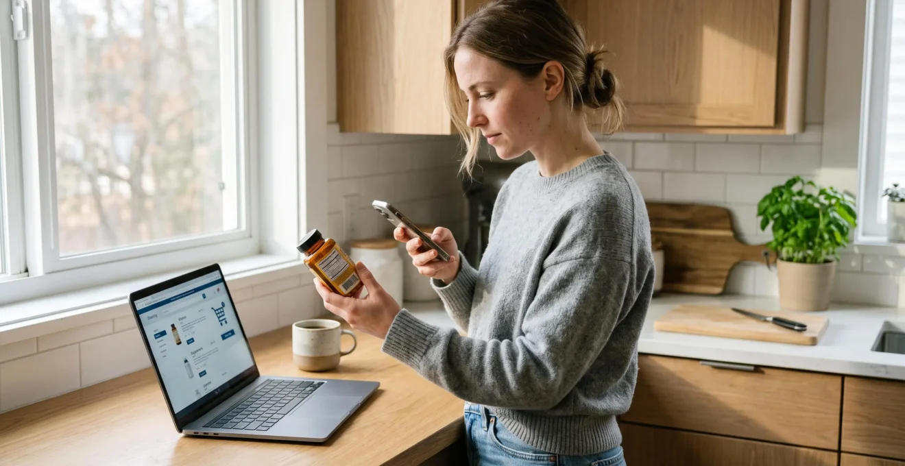 A young woman at home scanning a supplement bottle with her smartphone next to an open laptop before ordering online.