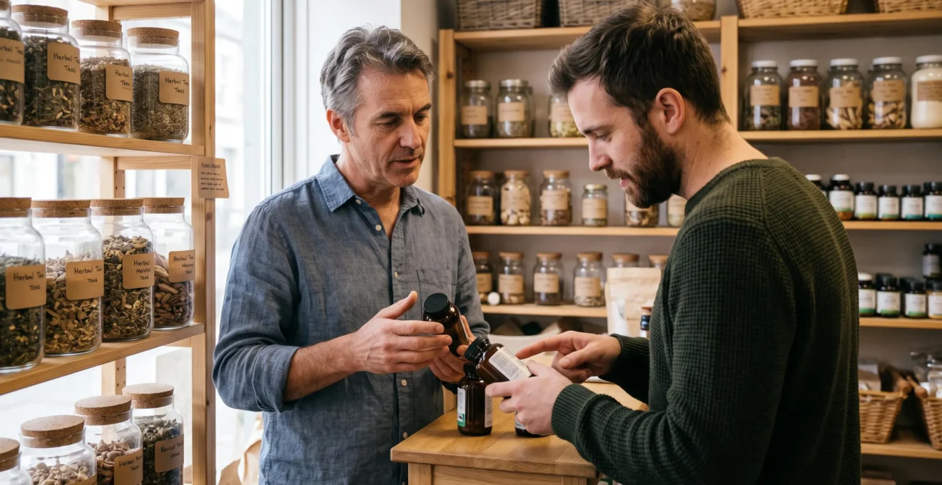 A naturopath explaining the difference between two supplement containers to a customer standing at a wooden counter in a holistic pharmacy.
