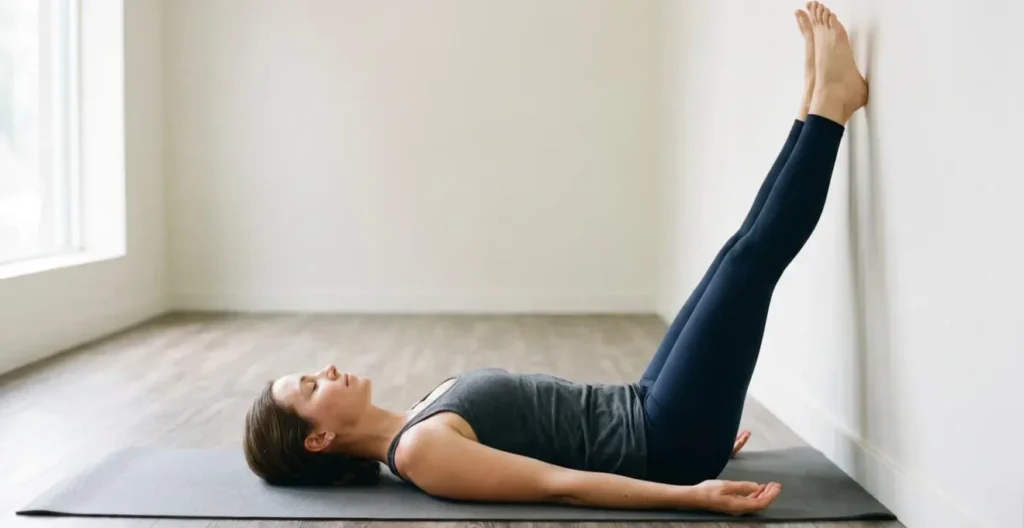 Person in legs-elevated recovery position after exercise practicing controlled breathing for nervous system reset Person in legs-elevated recovery position after exercise practicing controlled breathing for nervous system reset