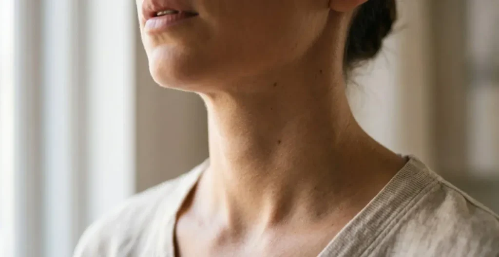Close-up of person's throat and chest area during humming practice with focus on internal vibration sensation Close-up of person's throat and chest area during humming practice with focus on internal vibration sensation